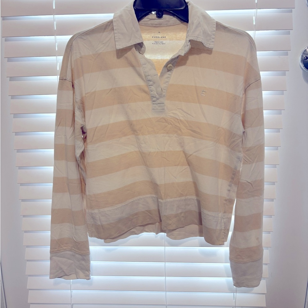 Everlane Cotton Beige and White Striped Cropped Polo